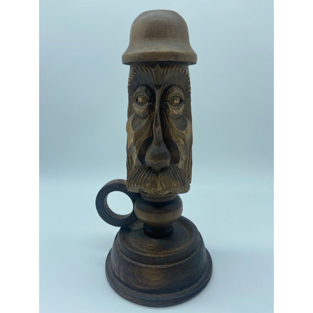 Handcarved Face Wooden Wood Candle Holder Folk Art Taper Candlestick Spirit Face